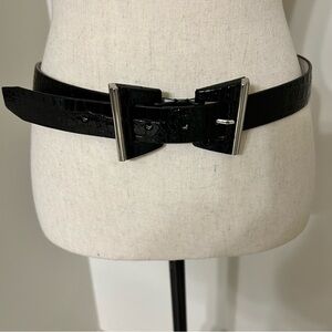 WHBM Black Croc-Embossed Belt with Silver Buckle SZ M